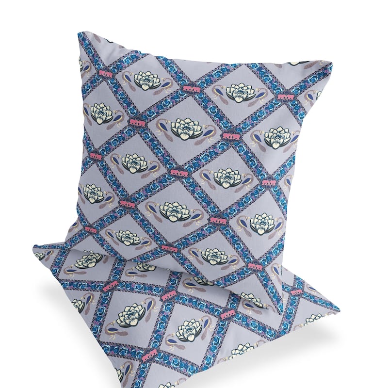 HomeRoots Set of Two 16" X 16" Blue and Gray Peacock Blown Seam Floral Indoor Outdoor Throw Pillow - 16.00' X '16.00' X '5.00
