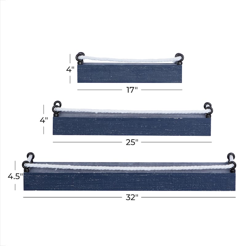 Wood 3 Shelves Wall Shelf with Knotted Rope - Set of 3 Blue - Roche River Decor - 8"W x 32"L x 5"H