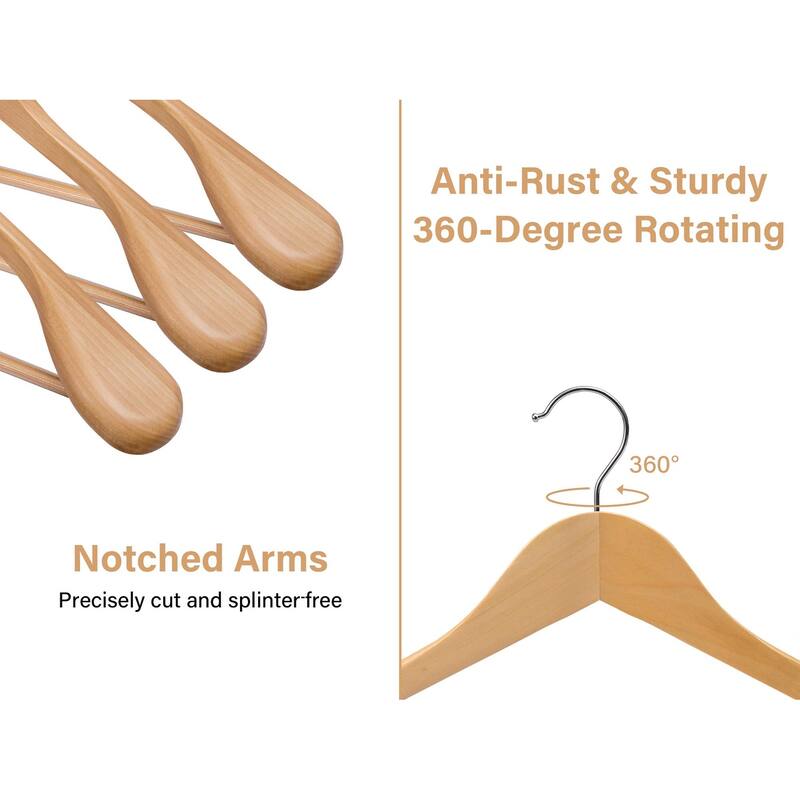 Heavy-Duty Wooden Hangers, Extra Wide Shoulder Wood Coat Hanger