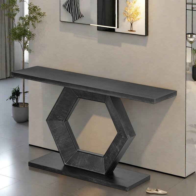 55.1" MDF Modern Entryway Table with Hollow Geometric Design,For Living Room - Black