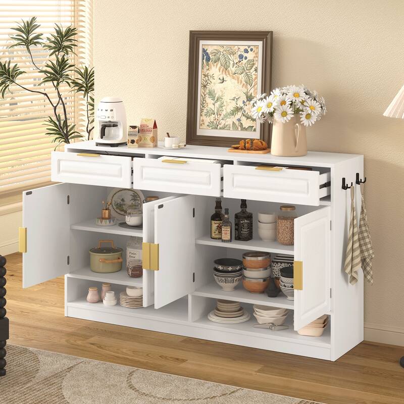 Farmhouse Sideboard with 3 Drawers & 4 Doors - White