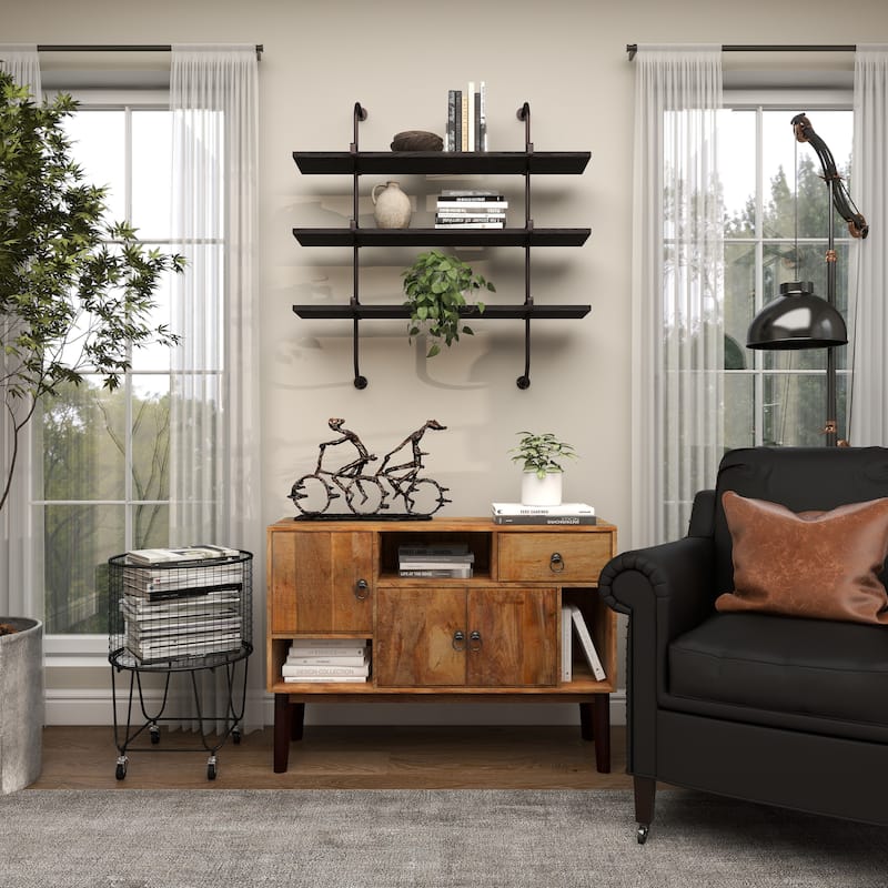 Wood 2 or 3 Level Wall Shelf with Black Metal Brackets - Brown or Gray - Roche River Decor