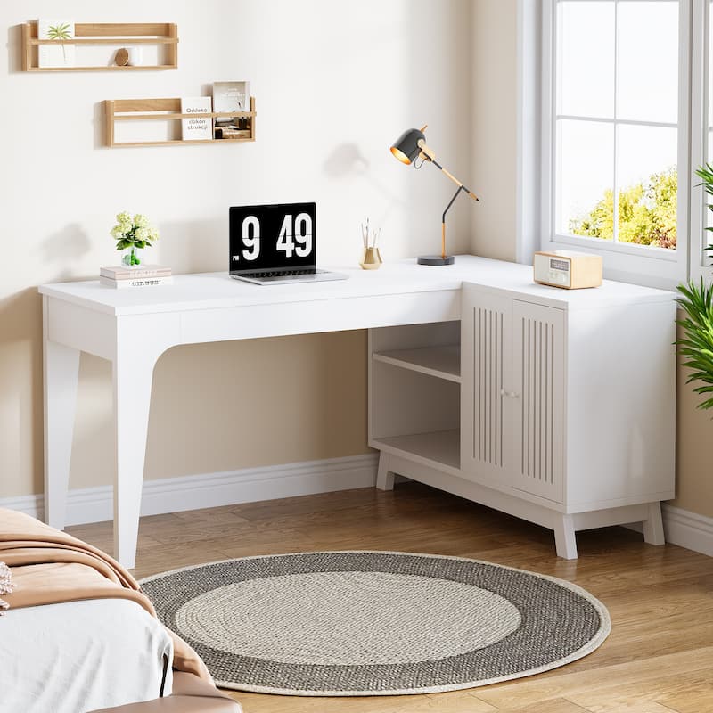 57'' Wood L-Shaped Corner Computer Desk Writing Table with Cabinet - White