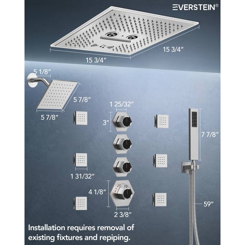 Shower Faucet Set Dual Heads with 3 Spray Modes 16" Ceiling and 6" Wall Mount Body Jets Handheld Spray LED Music