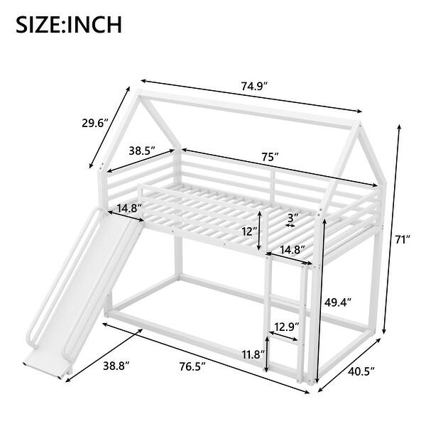 Twin Over Twin Heavy Steel Low Bunk Bed with Ladder & Slide, Space-Saving House Shaped Bunk Bed Frame for Kids Boys Girls, White