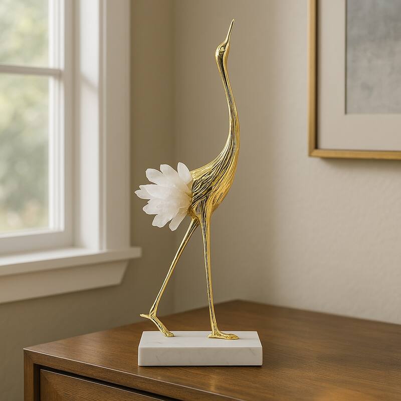Metal Modern Crane Sculpture with Crystal Accents and Marble Base