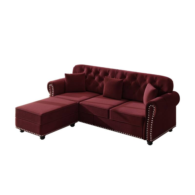 82.6" Velvet Sofa with Button Tufted, 3 Pillows and 1 Ottoman