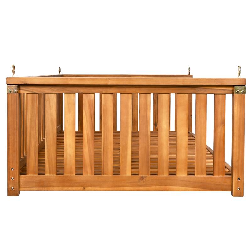 Roomfitters Patio Twin Size Garden Swing Bed with Safe Sloped Design and Ropes, Teak