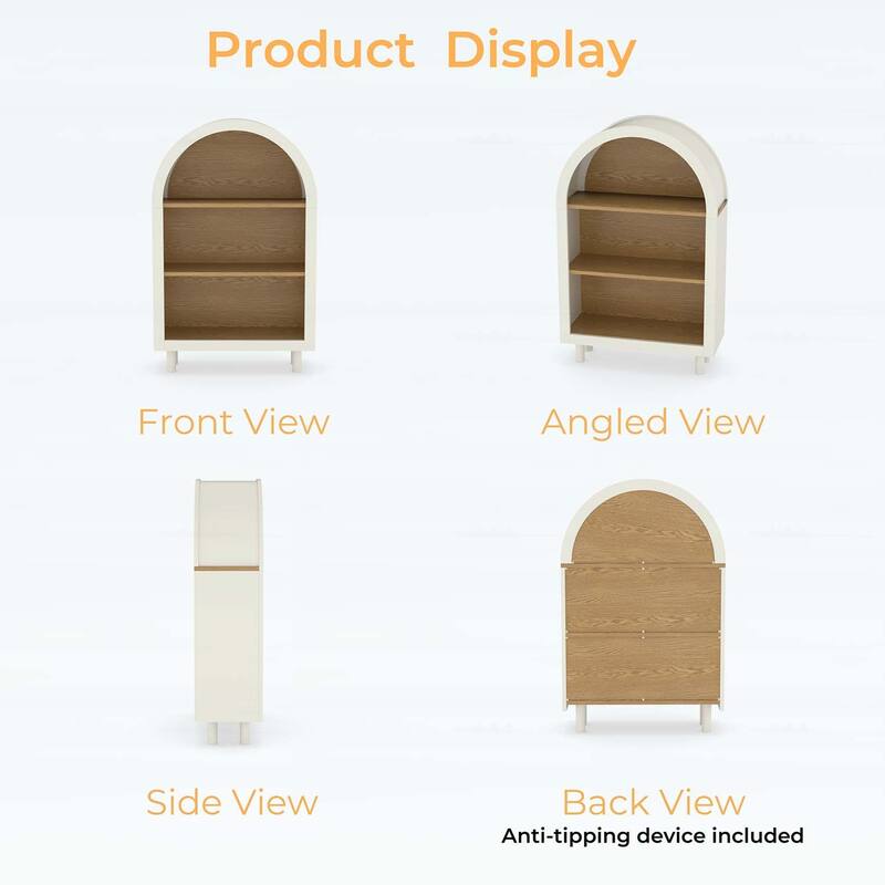 Wooden Modern Arched Top Bookshelf with 3 Shelves