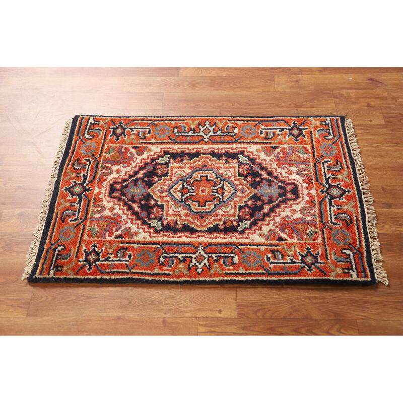 Hand Knotted Oriental 100% Wool Carpet Traditional Medallion Navy Blue & Blues Heriz (serapi) Area Rug - 3' 0'' X 2' 0''