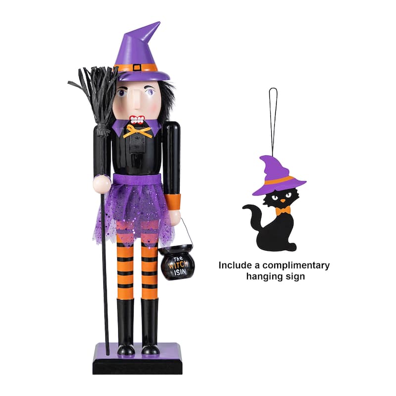 Glitzhome 18.50"H Halloween Wood Witch Nutcracker with Witch Cat Ornament