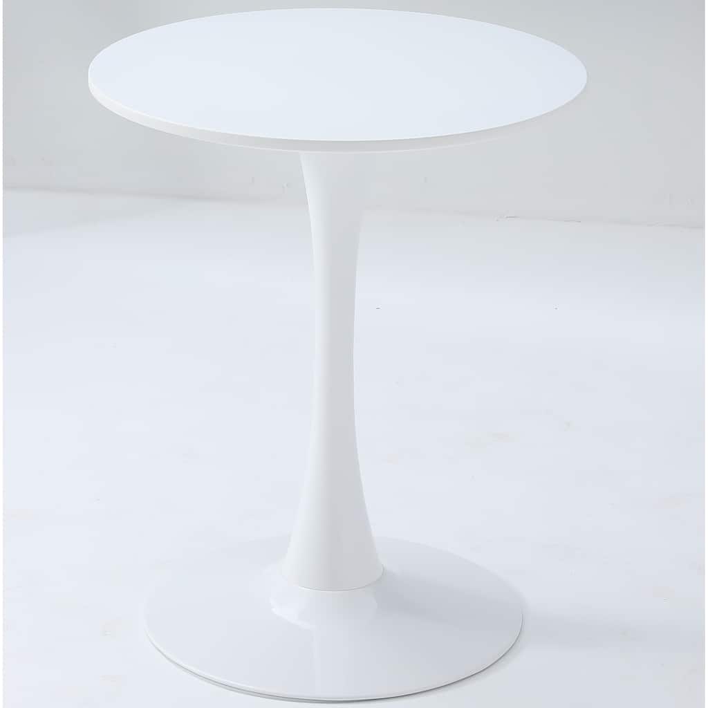 white round dining table with an elegant tulip-shaped steel base and a 24-inch medium-density fiberboard tabletop