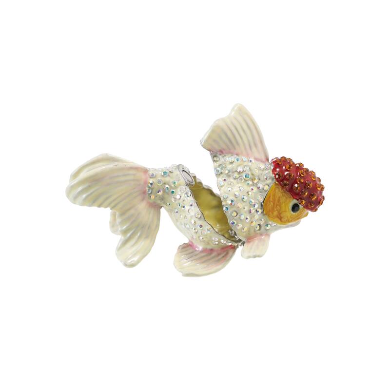 Enameled Goldfish-Shaped Metal Trinket Box with Jewels - 1.75"L x 3.13"W x 1.75"H