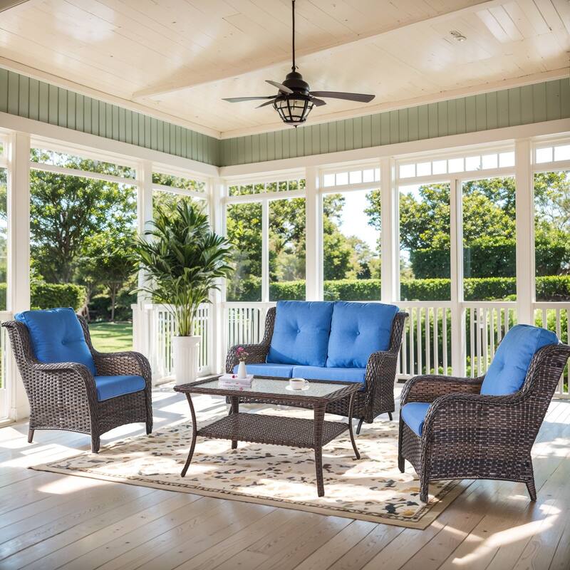 Outdoor Glider Sofa Funitre Set - Brown Rattan - Blue Cushion - 4PCS Sofa with Patio Chair Table