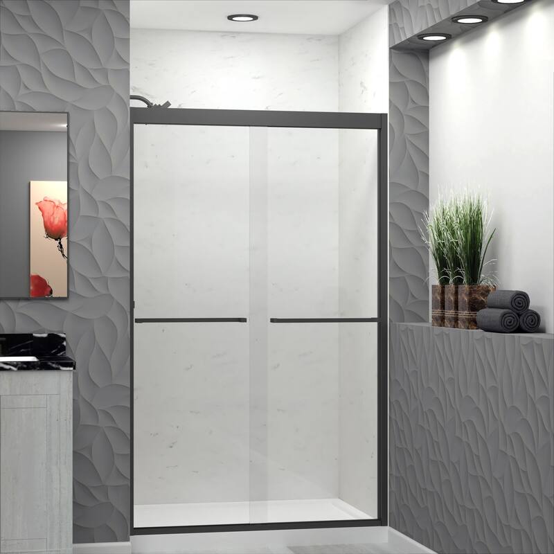 Frederick 47 in. W x 76 in. H Sliding Semi-Frameless Shower Door in Brushed Nickel with Clear Glass - 48 x 76 - 48 x 76 - Matte Black