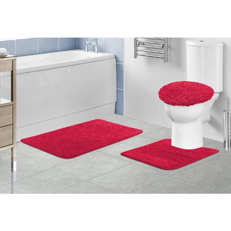Layla 3 PC Shaggy Bathroom Rug Set, Bath Mat, Contour Rug, Lid Cover, Solid Colors