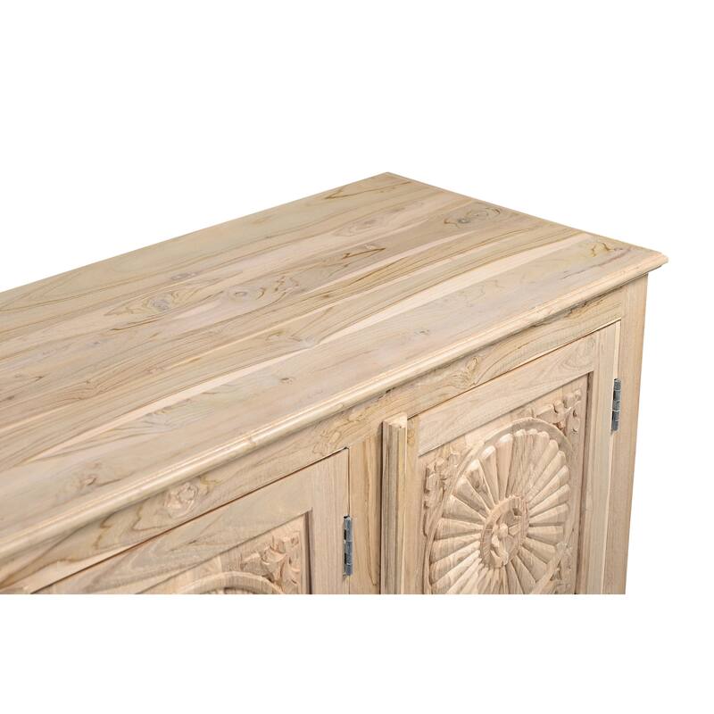 HomeRoots 74" Natural Distressed Solid Wood Carved Floral Sideboard with Four Doors - 74.00 in. x 38.00 in. x 18.00 in.