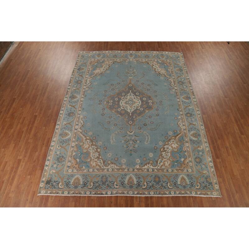 Tabriz Vintage Persian Area Rug Handmade Floral Blue Wool Carpet - 9'10" x 12'11"