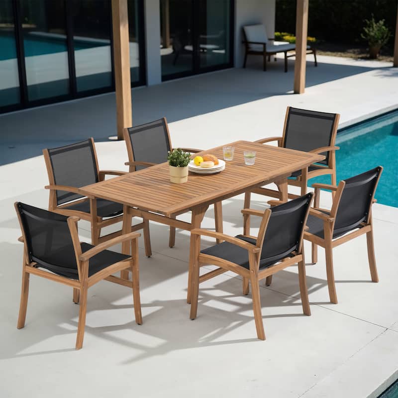 Outdoor 6-Person Acacia Wood Chair Set with Extendable Wooden Table