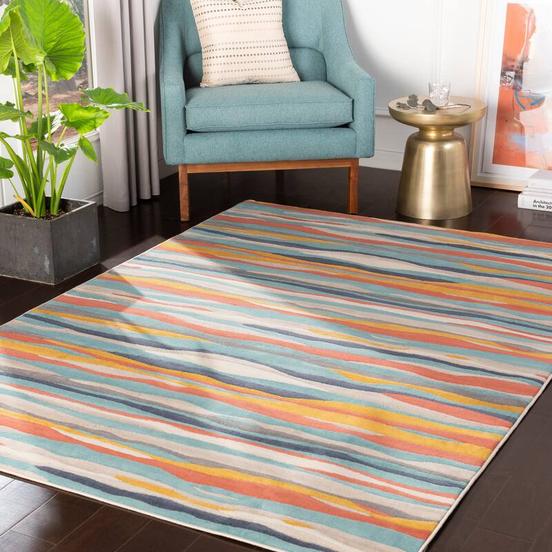 Livabliss Colton Aqua Wavy Stripes Area Rug