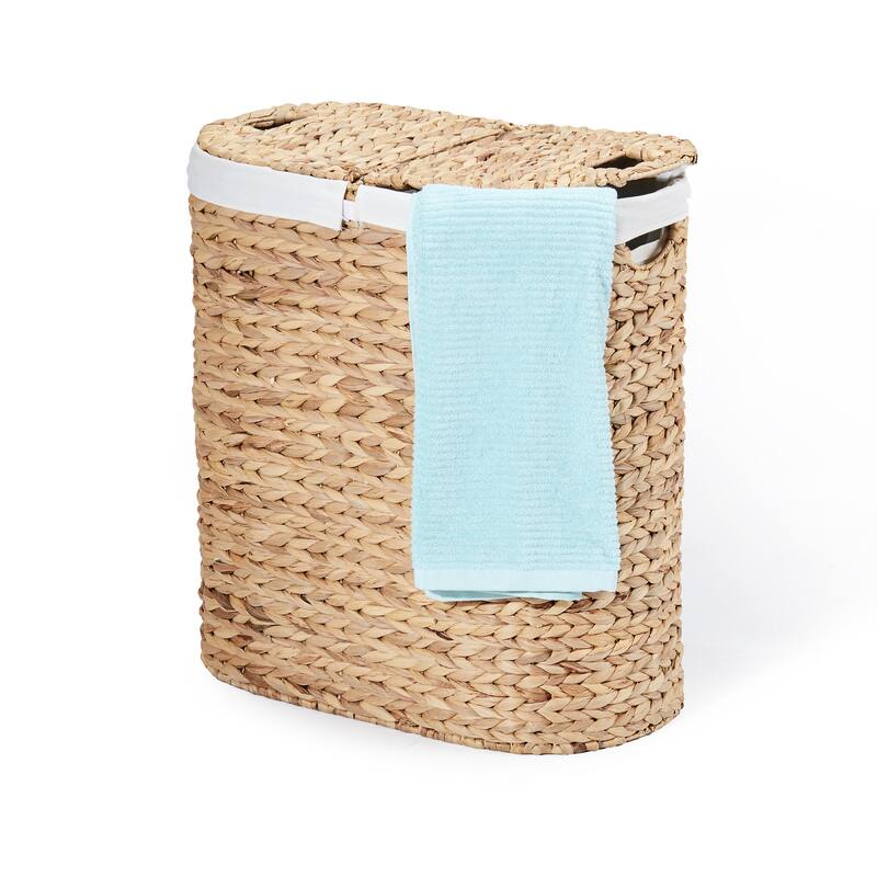 Seville Classics Hand Woven Natural Wicker Water-Hyacinth Lidded Oval Double Laundry Hamper