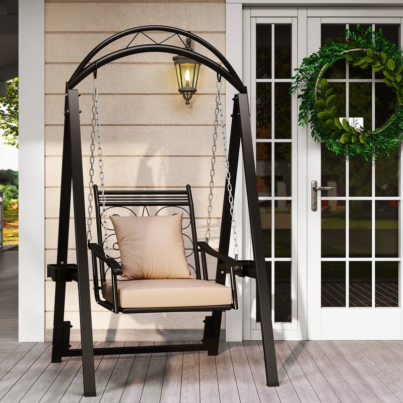 Gymax Outdoor Porch Swing w/Stand Removable Cushions Side Tables for