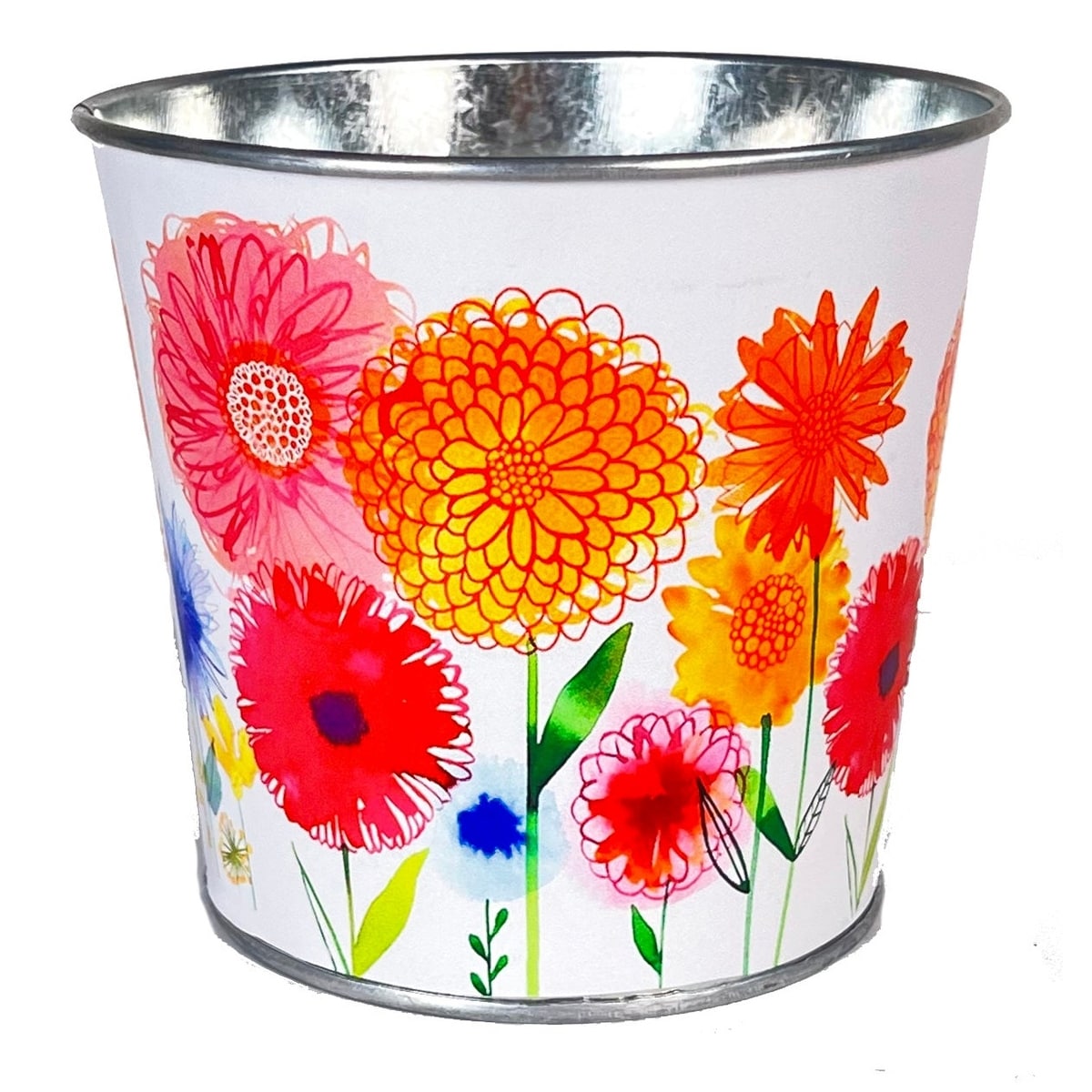 White With Field Of Flowers Metal Bucket