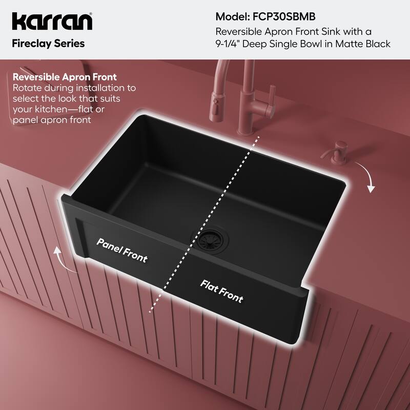 Karran 30" Single Bowl Panel Front Farmhouse Fireclay Kitchen Sink with Reversible Apron Front