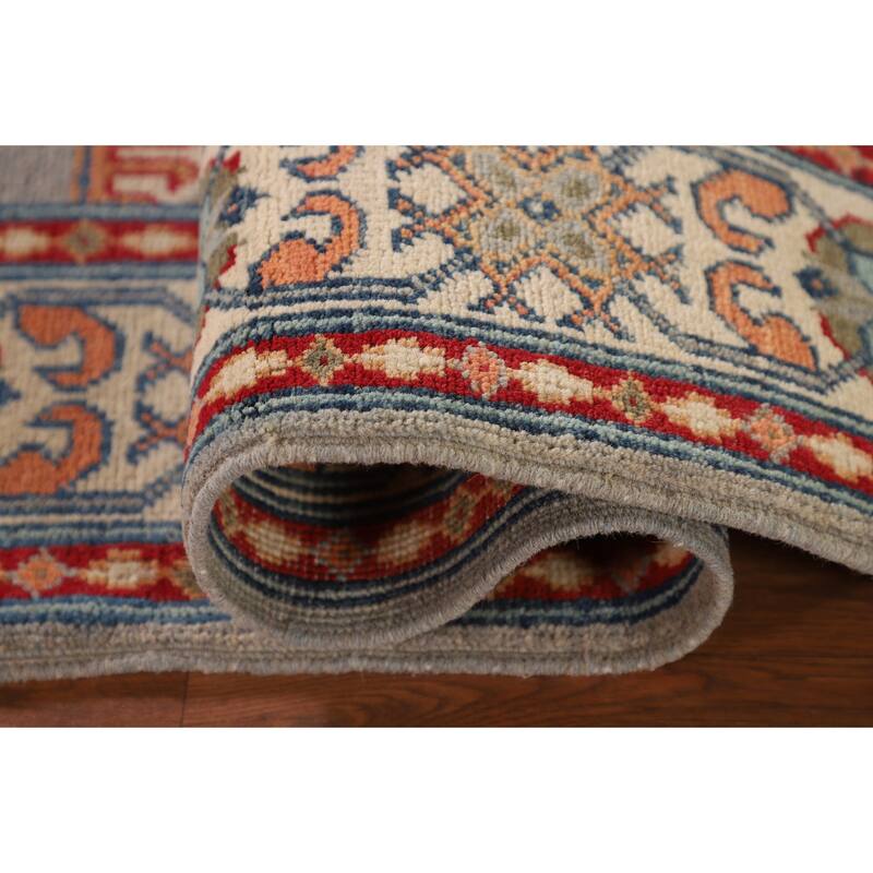 Kazak Oriental Accent Rug Handmade Gray Geometric Wool Carpet - 3'7"x 4'10"