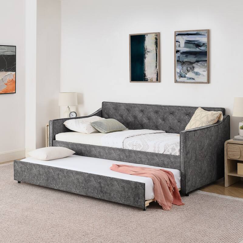 Twin Upholstered Daybed with Pop-Up Trundle & USB Charging Ports