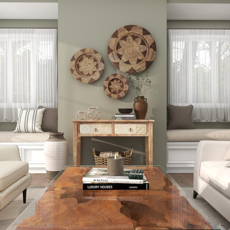 Rattan Plate Handmade Woven Floral Basket Home Wall Decor - Set of 3 Light Brown or Brown - Roche River Decor