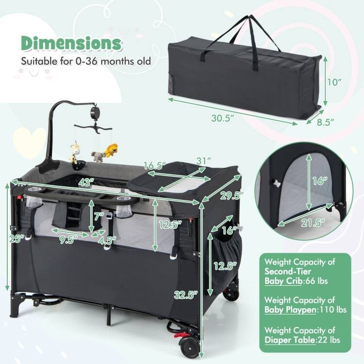 5-in-1 Infant Bed Cradle Changing Table with Side Storage and Music Rack Safety Strap - 43" x 29.5" x 32.5" (L x W x H)