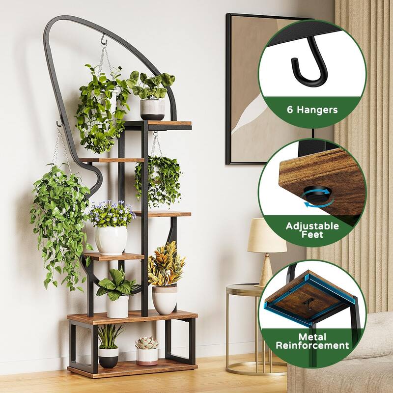 6 Tier Butterfly-Shaped Plant Stand, Indoor Tall Metal Plant Stand with 6 Plant Hooks & 12 Boards, Large Ladder Plant Shelf