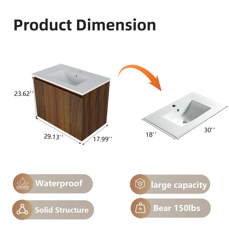30 Inch Folding Wall Cabinet with Ceramic Sink, Patented 1-Minute Install, Space-Saving Modern Bathroom Cabinet