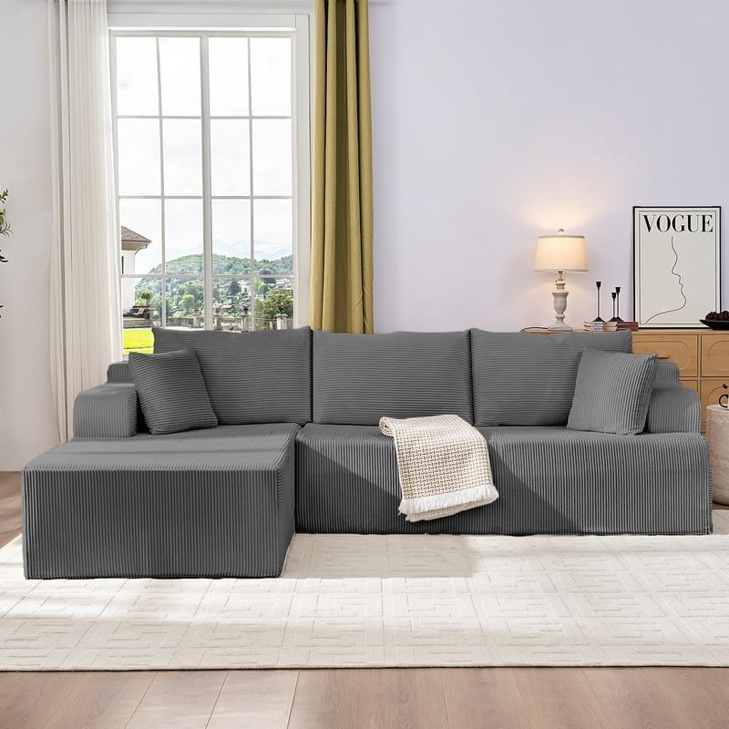 Mixoy 2-Pcs Free Combination Modular Sectional Sofas with Deep Seat,Corduroy L-Shaped Sofa with Chaise Lounge - 3-Seater - Grey - Reversible