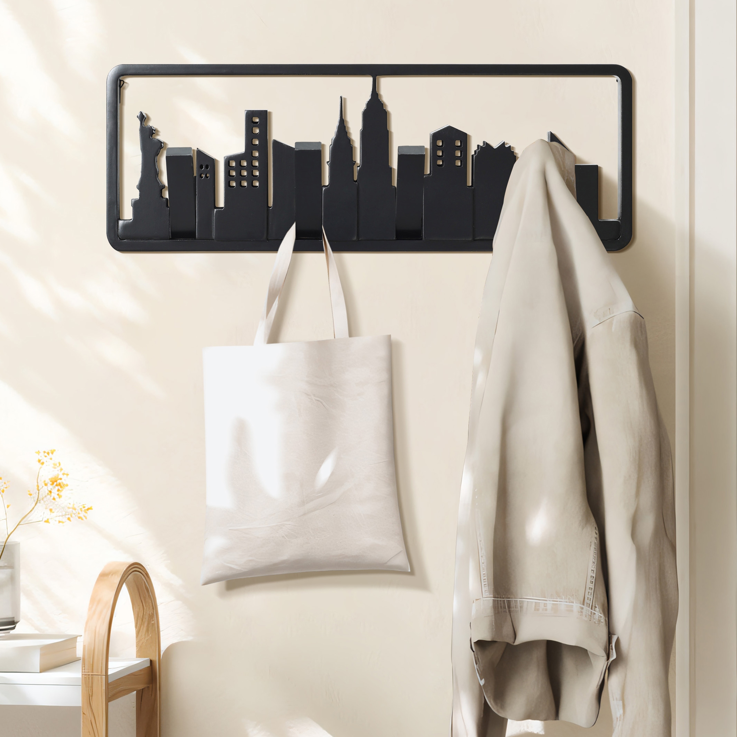 Black Wood 4-Hook Wall-Mounted Coat and Towel Rack Wide