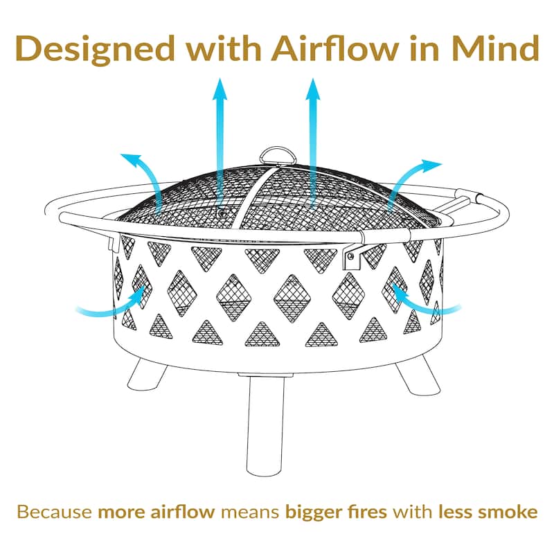 Black Crossweave Wood Fire Pit with Cover, Spark Screen, Grate, and Poker - 30"