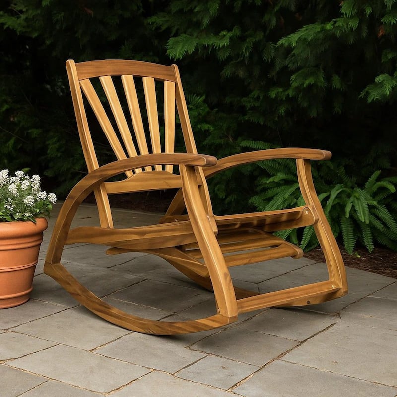 Rizz Outdoor Reclining Rocking Chair, Retractable Footrest, Brown Wood