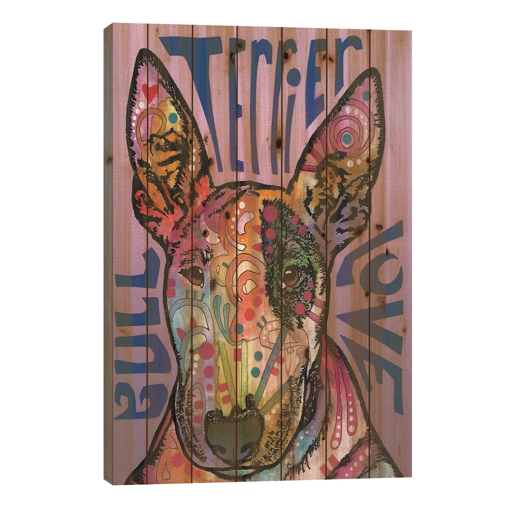 Bull Terrier Love Print On Wood by Dean Russo - Multi-Color