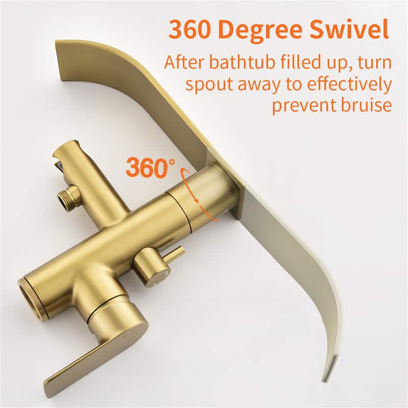 Waterfall Floor Mount Tub Faucet Brushed Gold Modern Single Handle Freestanding Bathtub Filler