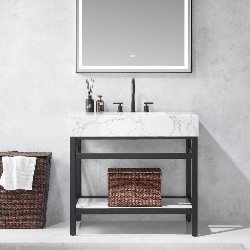 Ecija Bath Vanity, Metal Support with Composite Stone Top and Mirror