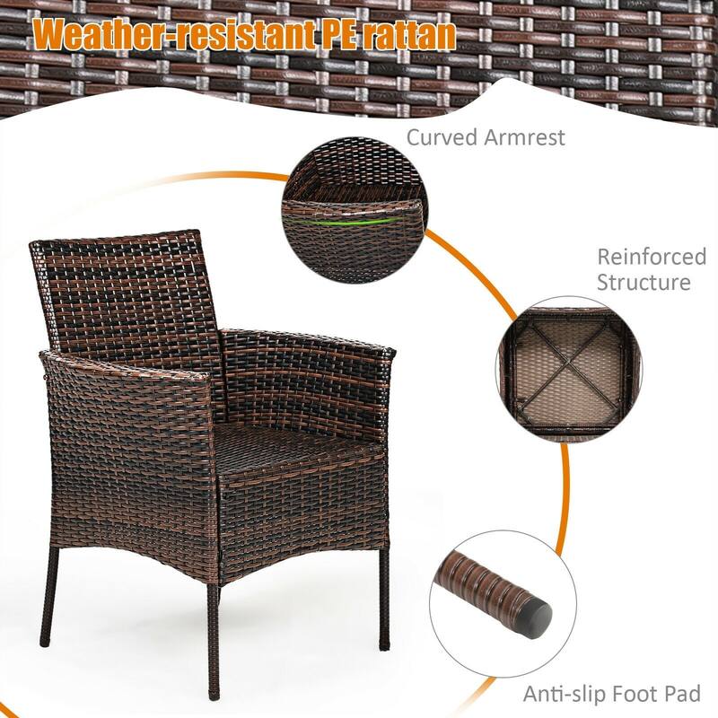 2 Pieces Rattan Arm Dining Chair Cushioned Sofa Furniture Patio - 25'' x 23'' x 33'' (L x W x H)