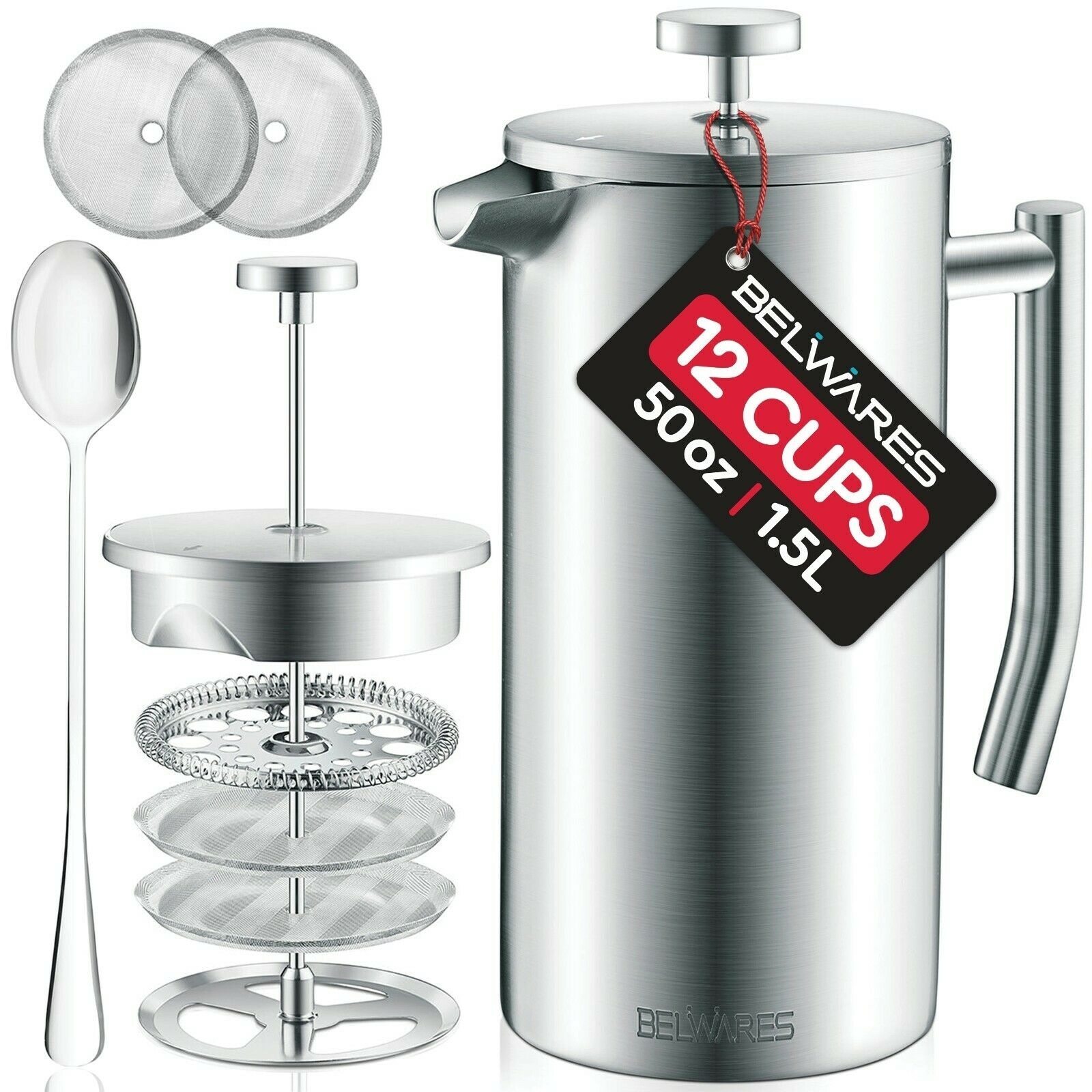 Meelio Stainless Steel French Press Coffee Maker, Double-Wall Insulated  Large French Coffee Press with 2 Extra Screens, 50 Ounce, Silver