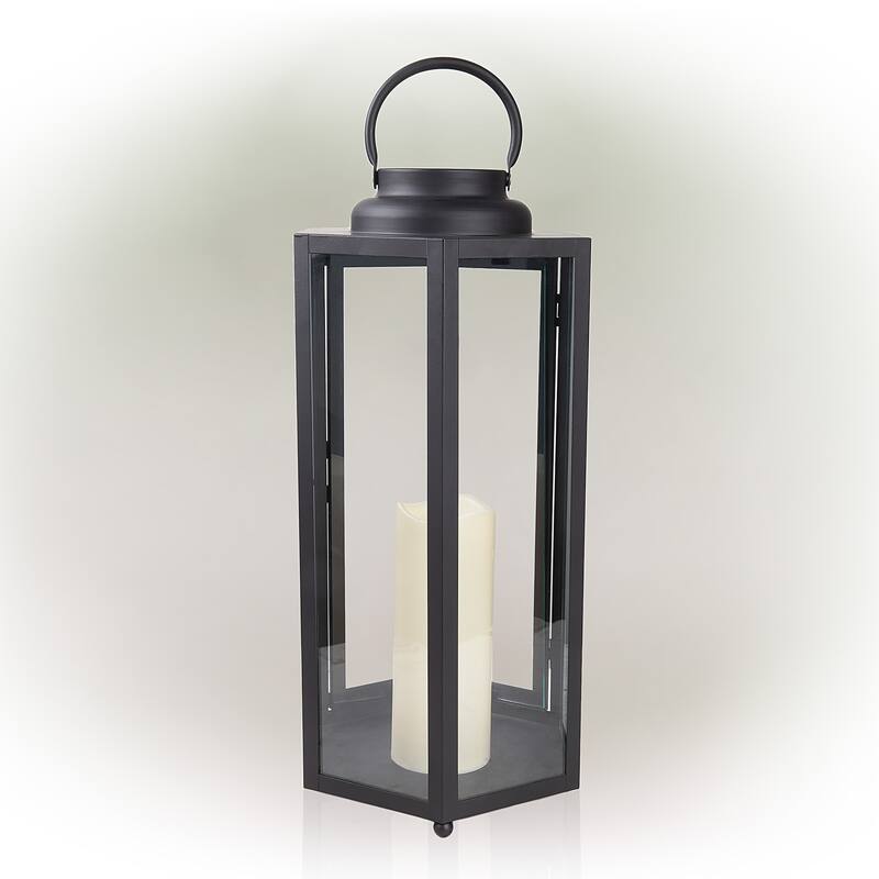 Alpine Corporation 18" Tall Outdoor Hexagonal Battery-Operated Metal Lantern with LED Lights, Black