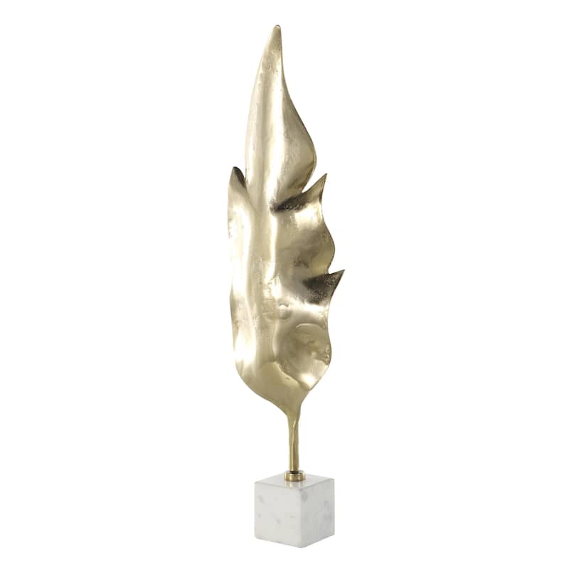 Aluminum Metal Leaf Tall Textured Decorative Sculpture with White Marble Base - Gold - Roche River Decor