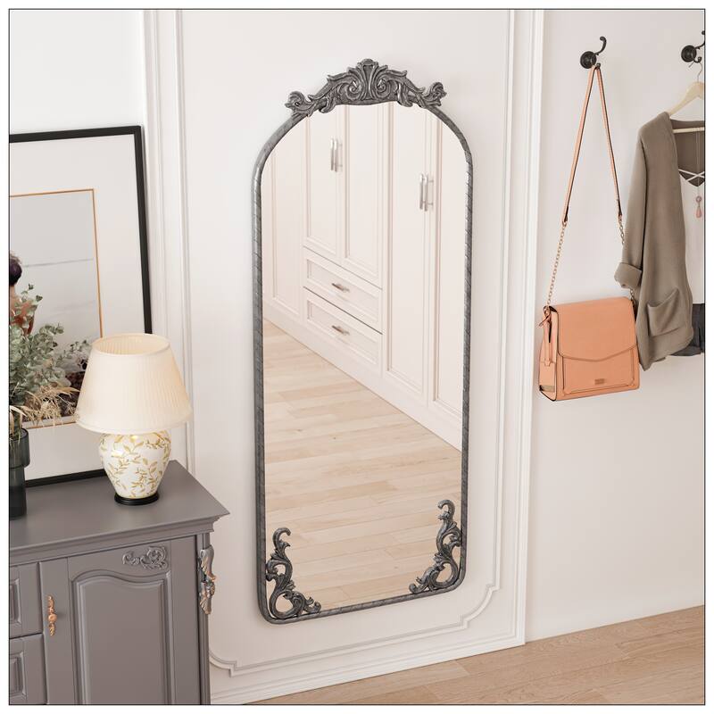 58"x24" Arched Full Body Mirror with Vintage Ornate Carved Applique - Antique Silver-58"x24"