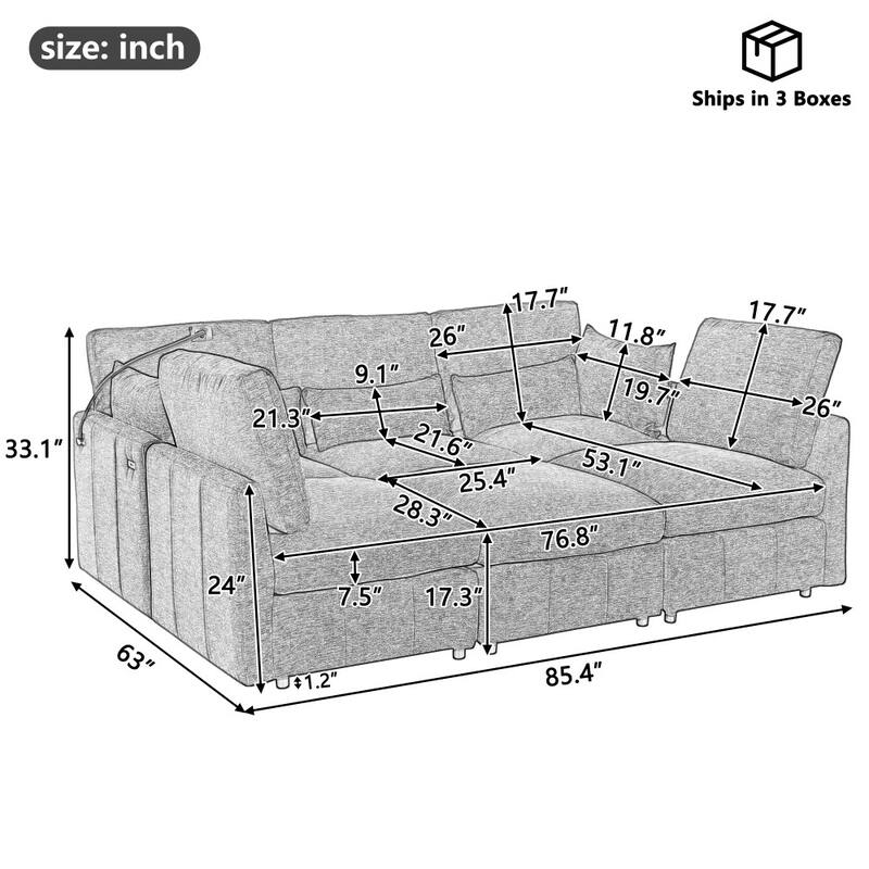 85.4" Modern U-shaped Modular Sectional Sofa with Movable Ottoman and Two USB Ports, Phone Holder