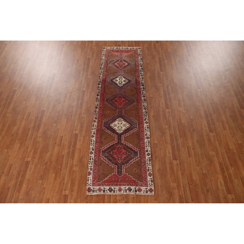 Brown Ardebil Persian Vintage Runner Rug Hand-knotted Wool Carpet - 3'0"x 11'0"
