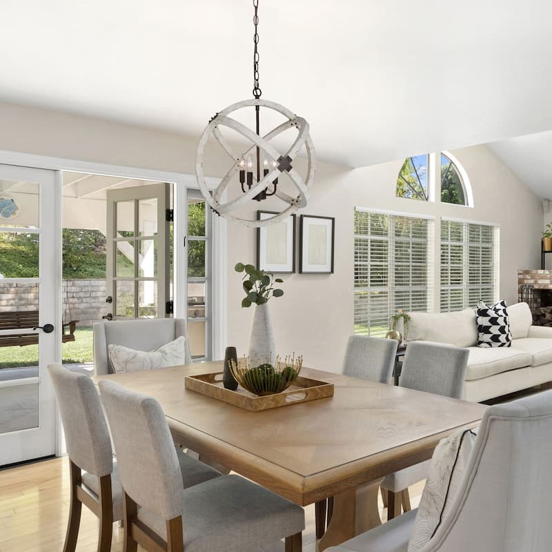 Rinia Farmhouse Rustic Orb Chandelier 4-light Solid Wood White Globe Dining Light for Entryway - L20" xW20 "xH22.2"