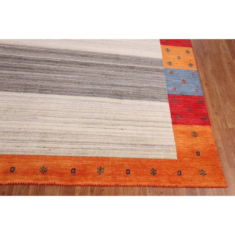 Modern Gabbeh Oriental Area Rug Hand-Knotted Beige Wool Carpet - 8'5" x 9'9"